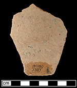 Damaged and split hollow vessel fragment showing gravel temper. Damaged vessel interior (left), undamaged exterior surface (middle), close-up of damage (right).